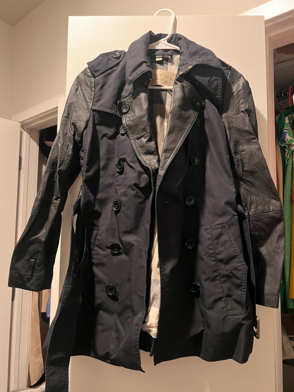 Burberry Black Trench Coat with Black Leather Sleeves